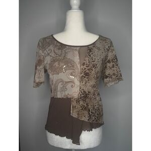Oui‎ Mixed Print Mesh Sequin Top Sz S Brown Paisley Animal Y2K Fairy Grunge